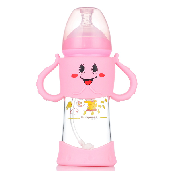  媽咪王子寬口晶鉆玻璃自動吸卡通奶瓶260ml 粉色